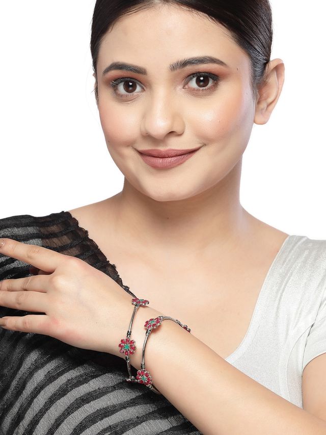 Sukkhi Floral Silver Oxidised Rhodium Plated Red & Green Bracelet Bangle Set for Women - 2.6