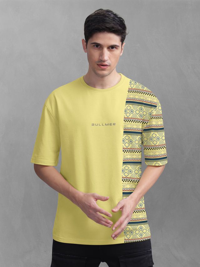 Bullmer Men's Oversized T-shirt Front and Back Printed | Trendy Yellow | XL