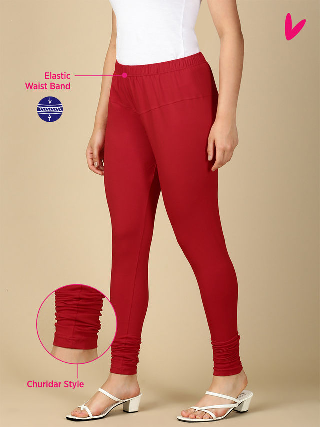 Pynk Women s Ultra Soft 360  Stretch Premium Cotton Churidar Leggings | Red | Free Size