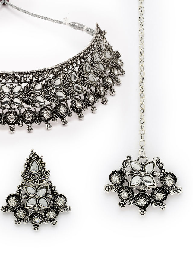 Sukkhi Oxidised Silver Plated Choker Necklace Set With Earring