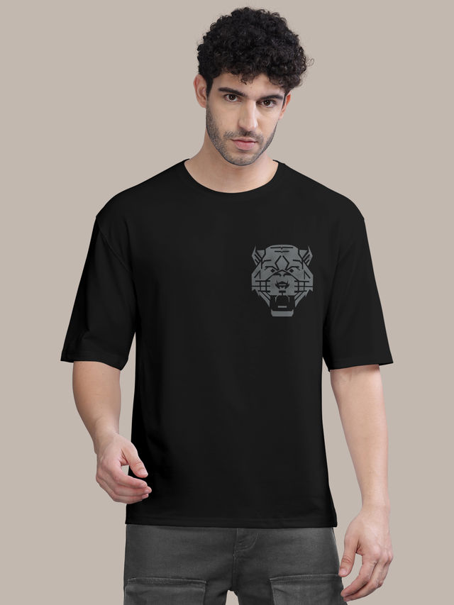 Bullmer Men's Oversized T-shirt Front and Back Printed, Colourblock Baggy | Black | XL