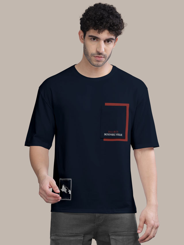 Bullmer Men's Oversized T-shirt Front Printed | Navy Blue | XL