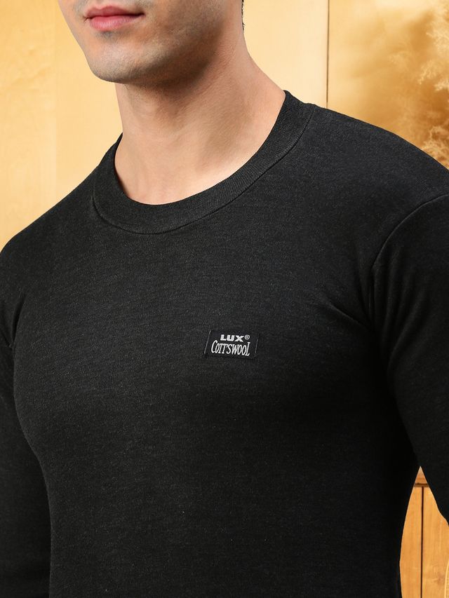 Lux Cottswool Men's Full Sleves Round Neck Thermal Top And Bottom Set - Black | 100 cm