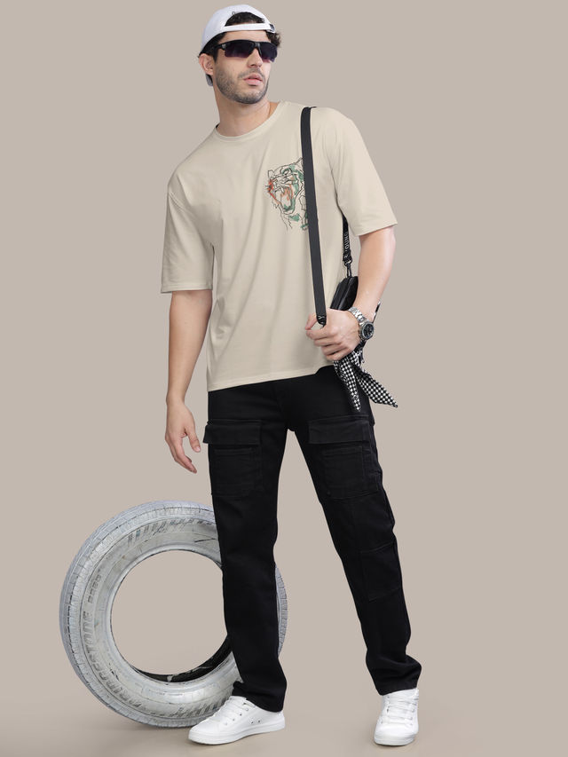 Bullmer Men's Oversized T-shirt Front and Back Printed, Colourblock Baggy | Off White | M