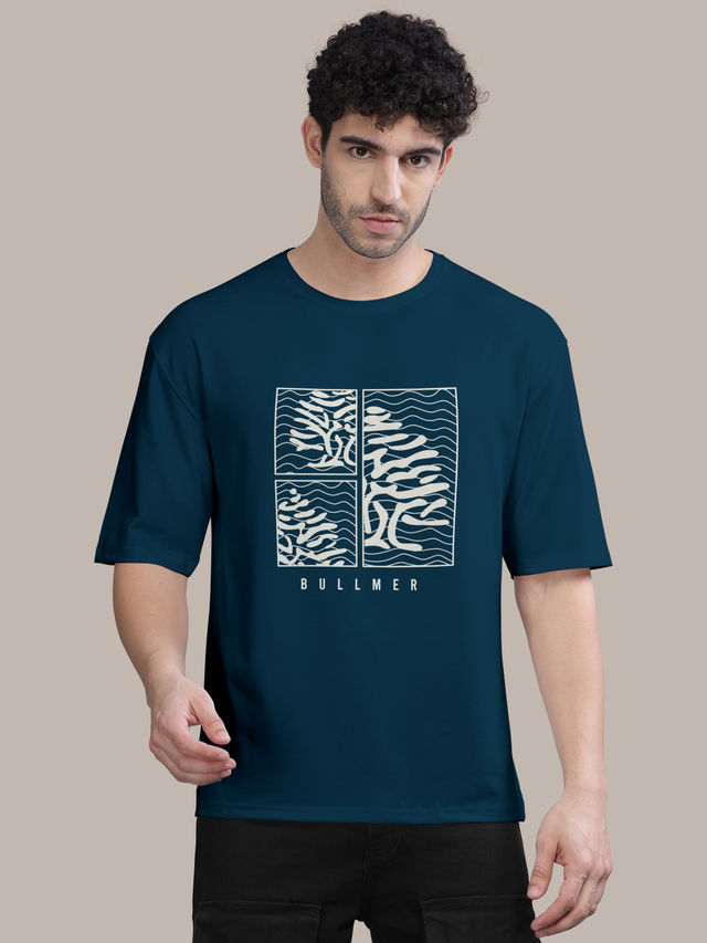 Bullmer Men's Oversized T-shirt Front Printed | Petrol Blue | L