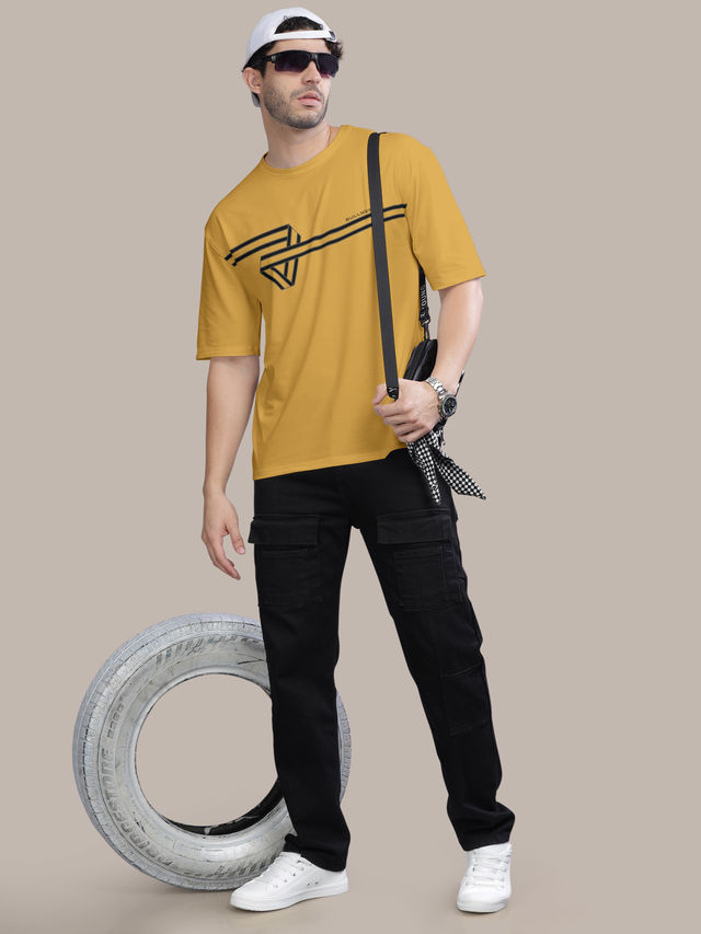 Bullmer Men's Oversized T-shirt Front Printed, Colourblock Baggy | Mustard | S