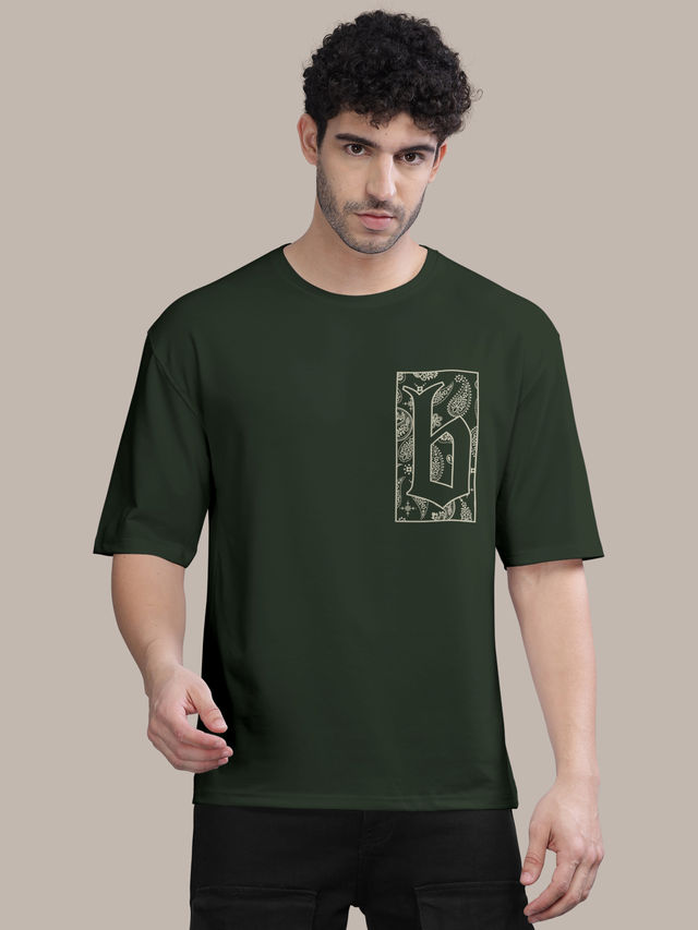 Bullmer Men's Oversized T-shirt Front and Back Printed, Colourblock Baggy | Olive | L