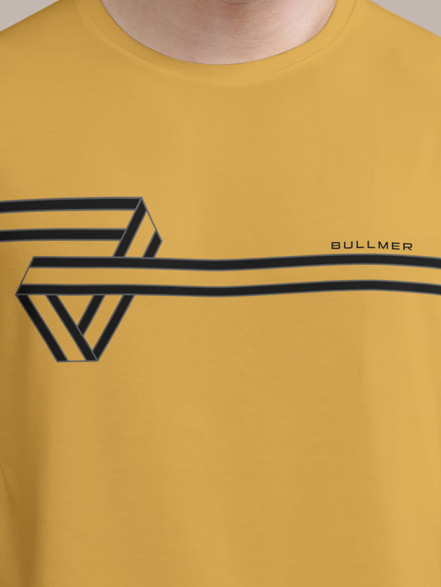 Bullmer Men's Oversized T-shirt Front Printed, Colourblock Baggy | Mustard | S