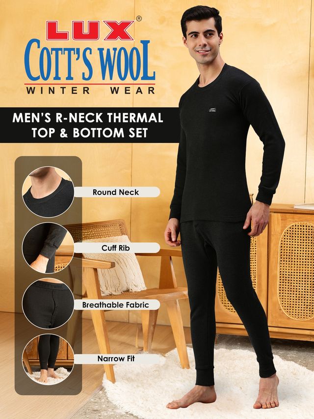 Lux Cottswool Men's Full Sleves Round Neck Thermal Top And Bottom Set - Black | 100 cm