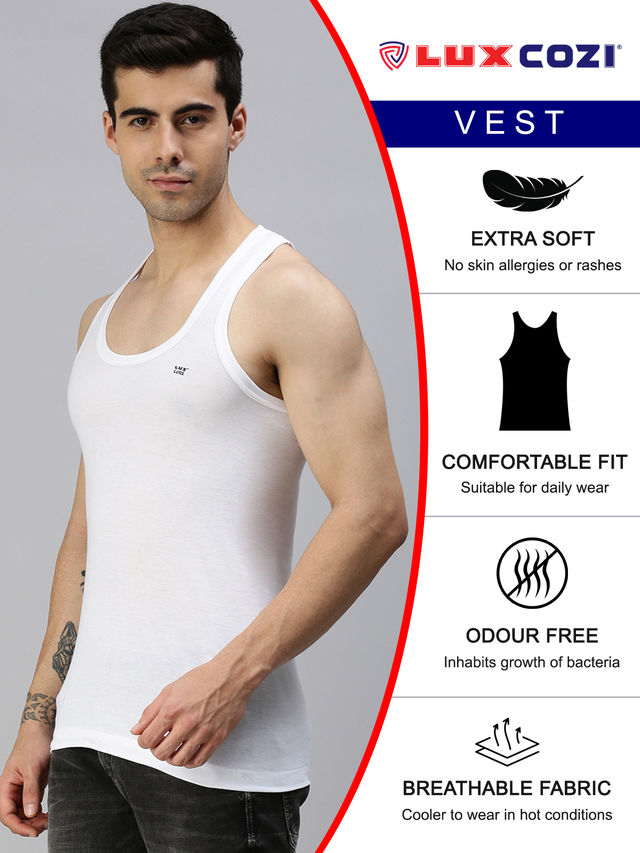 Lux Cozi Men's White Cotton Vest, White, 110-Pack of 3 - Buy at
