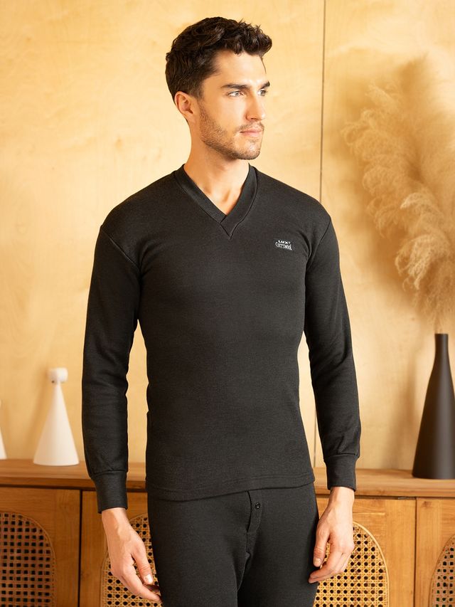 Lux Cottswool Men's Full Sleves V-Neck Thermal Top And Bottom Set | Black | 100Cm