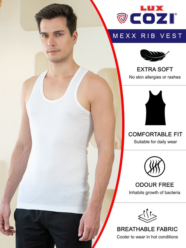 Lux Cozi Mexx Pure Cotton Round Neck Ribbed Vest | White | M | Pack Of 3