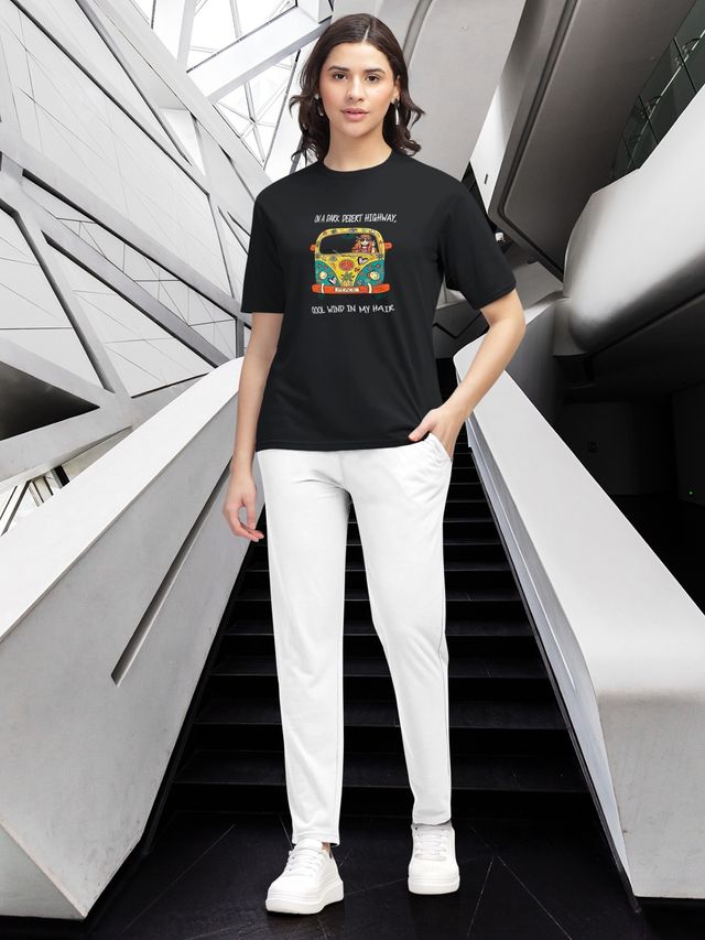 Hellcat Women's Trendy Printed Regular Fit Round Neck casual Tshirt | Black - L