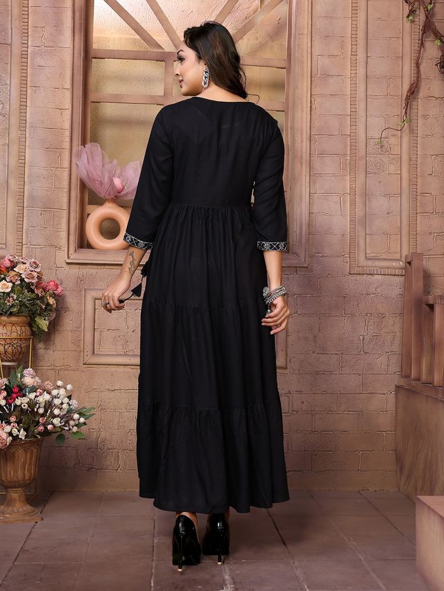 Rangita Women's Black Rayon Embroidered Ankle Length Tiered Flared Kurta | XL