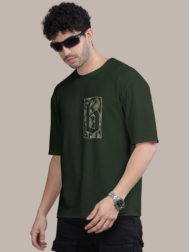 Bullmer Men's Oversized T-shirt Front and Back Printed, Colourblock Baggy | Olive | L