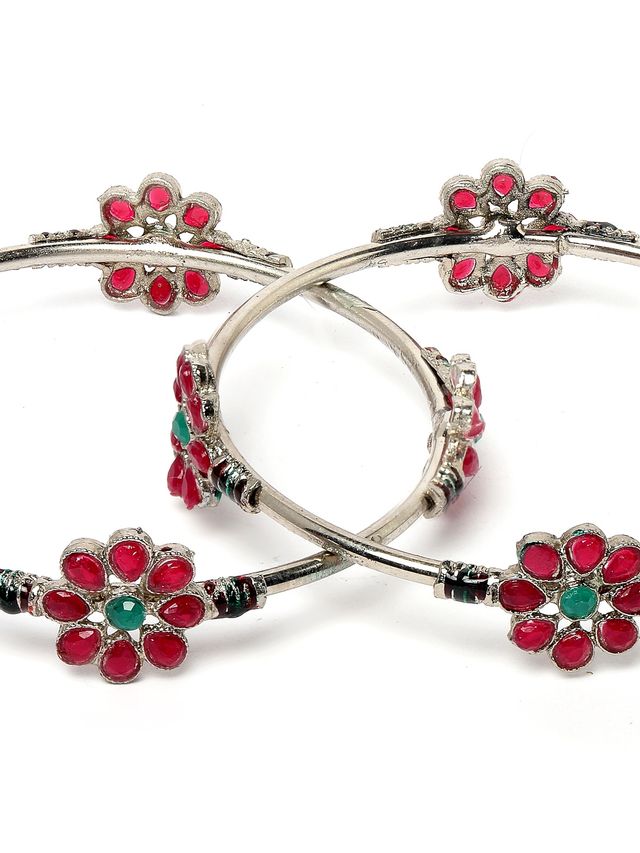 Sukkhi Floral Silver Oxidised Rhodium Plated Red & Green Bracelet Bangle Set for Women - 2.6