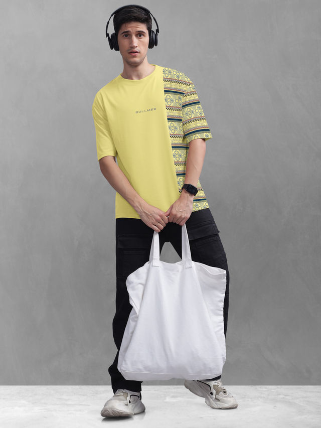 Bullmer Men's Oversized T-shirt Front and Back Printed | Trendy Yellow | XL