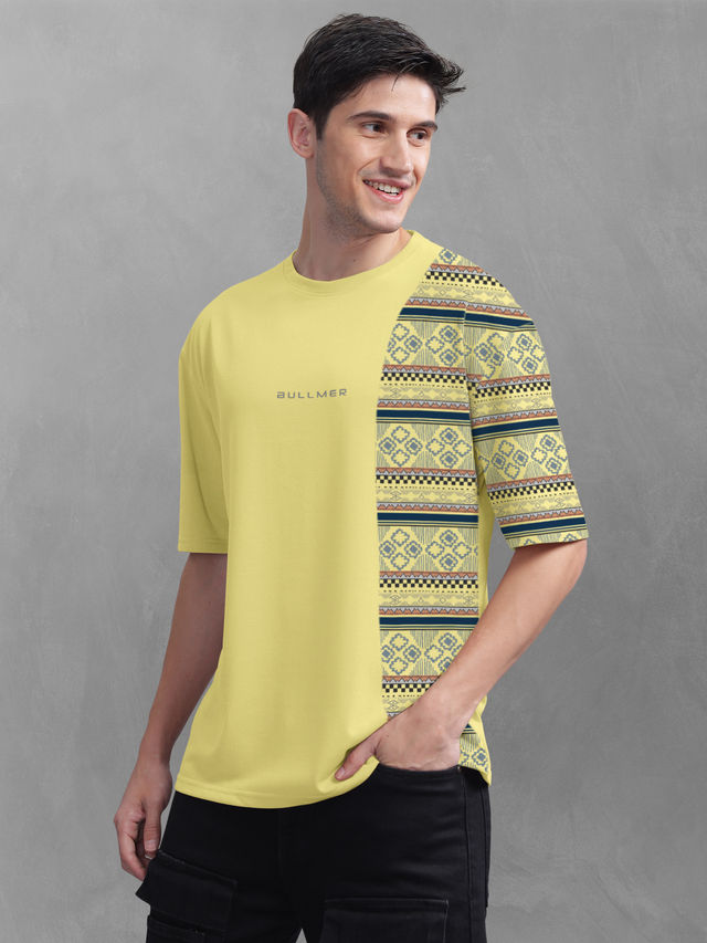 Bullmer Men's Oversized T-shirt Front and Back Printed | Trendy Yellow | XL