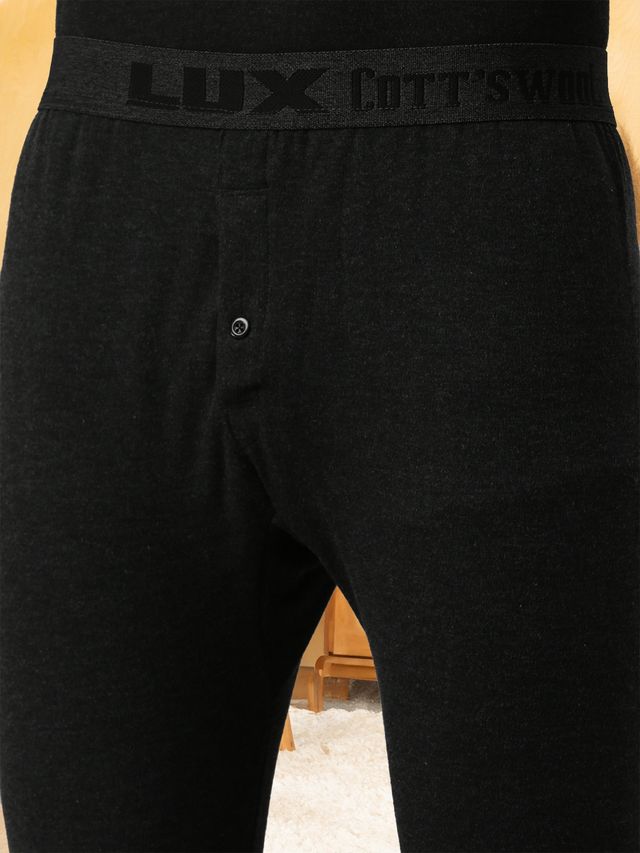Lux Cottswool Men's Full Sleves Round Neck Thermal Top And Bottom Set - Black | 100 cm