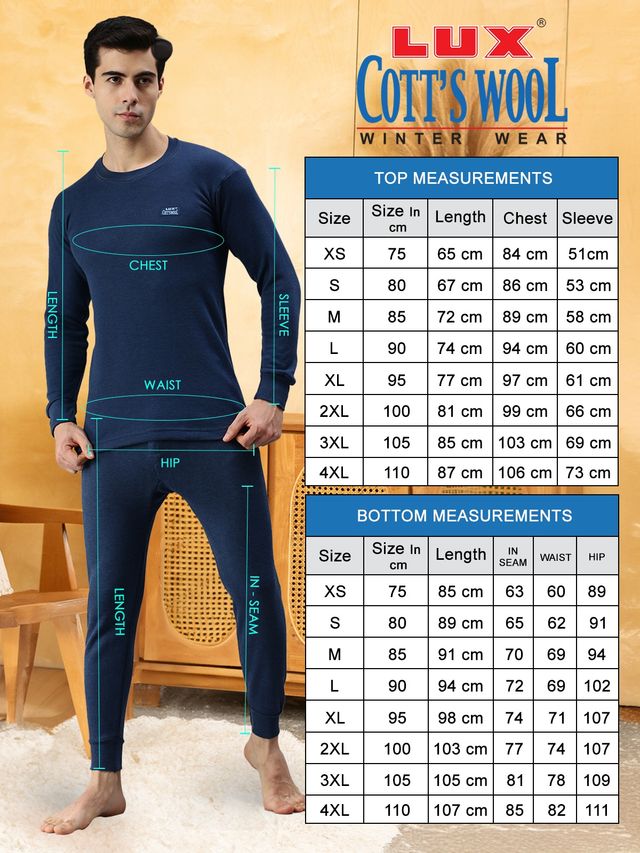 Lux Cottswool Men's Full Sleeves Round Neck Thermal Top And Bottom Set | Blue | 85cm