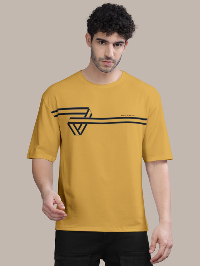 Bullmer Men's Oversized T-shirt Front Printed, Colourblock Baggy | Mustard | S