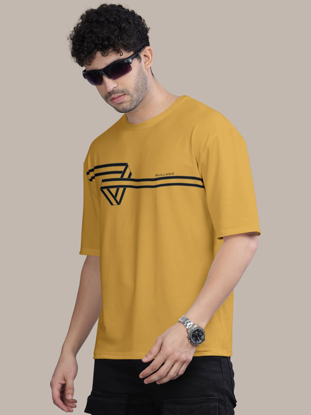 Bullmer Men's Oversized T-shirt Front Printed, Colourblock Baggy | Mustard | S