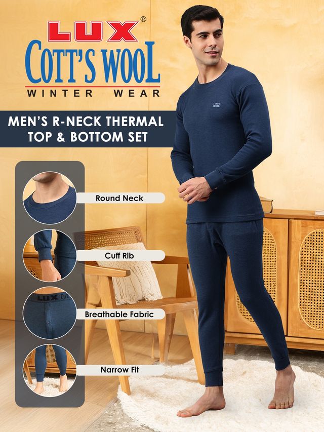 Lux Cottswool Men's Full Sleeves Round Neck Thermal Top And Bottom Set | Blue | 85cm