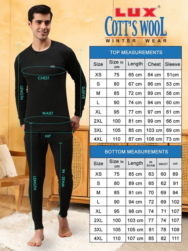 Lux Cottswool Men's Full Sleves Round Neck Thermal Top And Bottom Set - Black | 100 cm
