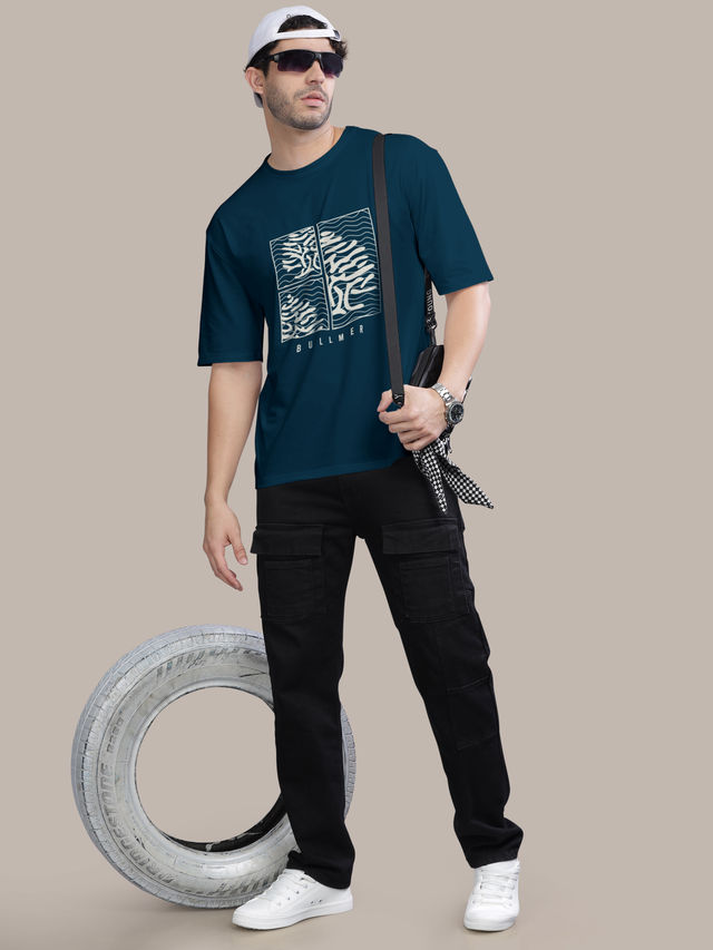 Bullmer Men's Oversized T-shirt Front Printed | Petrol Blue | L