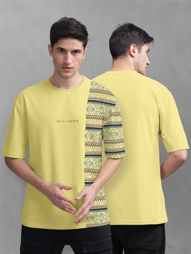 Bullmer Men's Oversized T-shirt Front and Back Printed | Trendy Yellow | XL