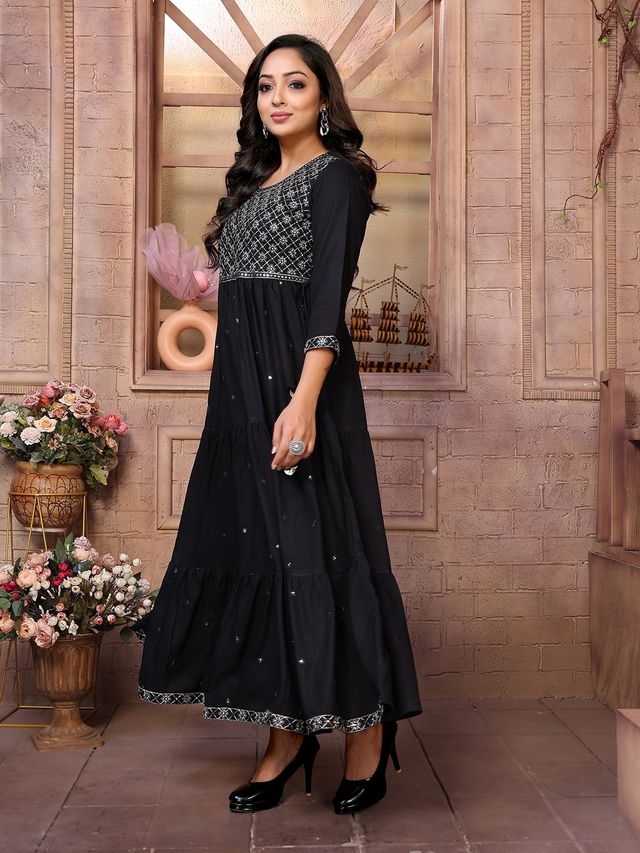 Rangita Women's Black Rayon Embroidered Ankle Length Tiered Flared Kurta | XL