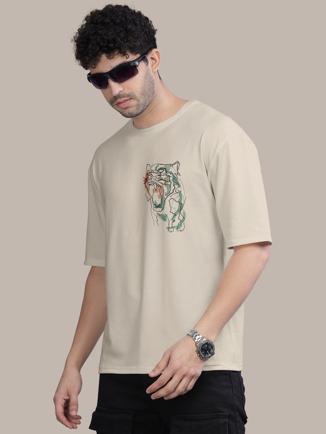 Bullmer Men's Oversized T-shirt Front and Back Printed, Colourblock Baggy | Off White | M