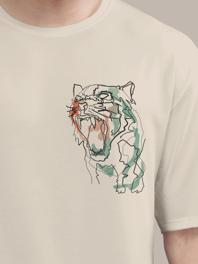 Bullmer Men's Oversized T-shirt Front and Back Printed, Colourblock Baggy | Off White | M