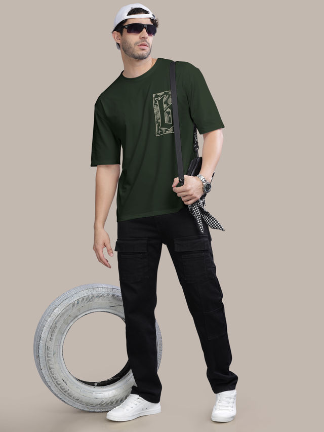 Bullmer Men's Oversized T-shirt Front and Back Printed, Colourblock Baggy | Olive | L