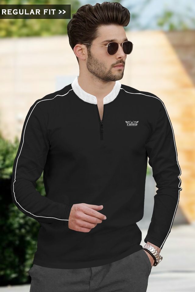TRIPR Men Cotton Blend Mandarin Collar T-shirt | Black and White - L