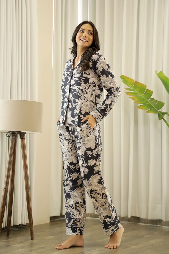 Sanskrutihomes Women's Printed Cotton Night Suit Set | Black - 3XL