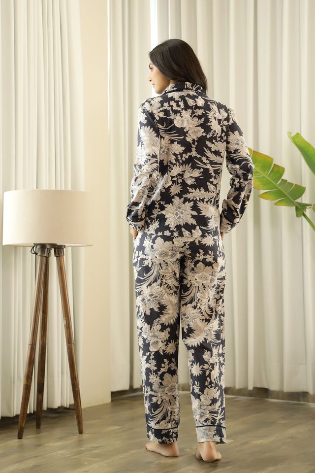 Sanskrutihomes Women's Printed Cotton Night Suit Set | Black - 3XL
