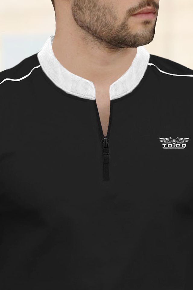 TRIPR Men Cotton Blend Mandarin Collar T-shirt | Black and White - L