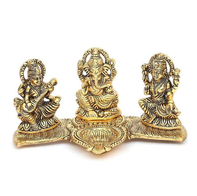 Devnidhii Diya Laxmi, Ganesh, Saraswati on Banana Leaves in Gold Polish