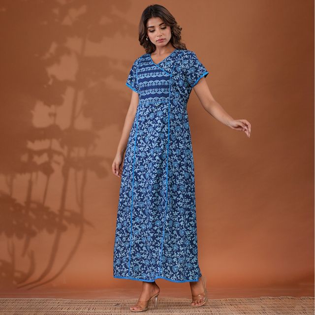 Nihsamah Women's Cotton Premium Angrakha Nighty | Full Length | Blue - XL