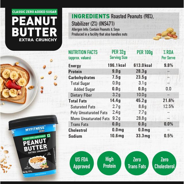 MyFitness Zero Natural Classic Peanut Butter Extra Crunchy Spread |No Sugar, High Protein
