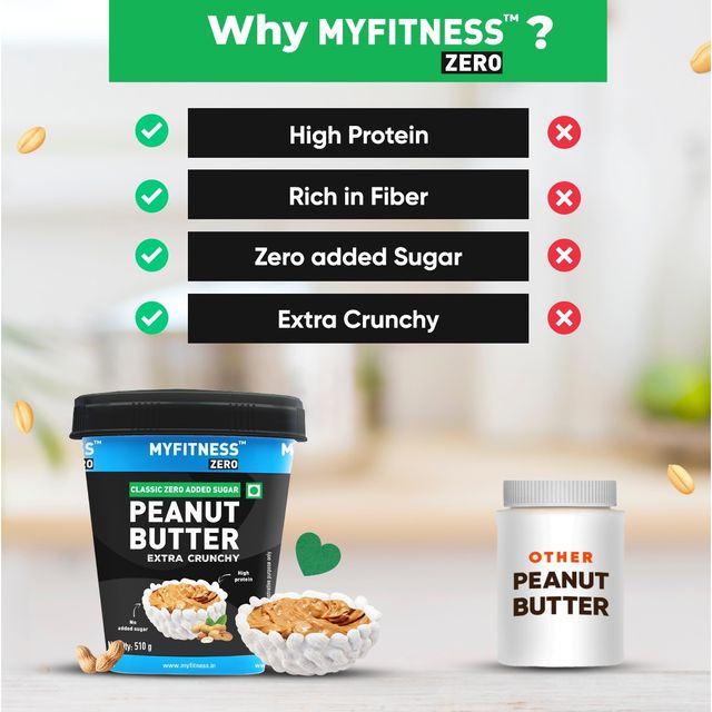 MyFitness Zero Natural Classic Peanut Butter Extra Crunchy Spread |No Sugar, High Protein