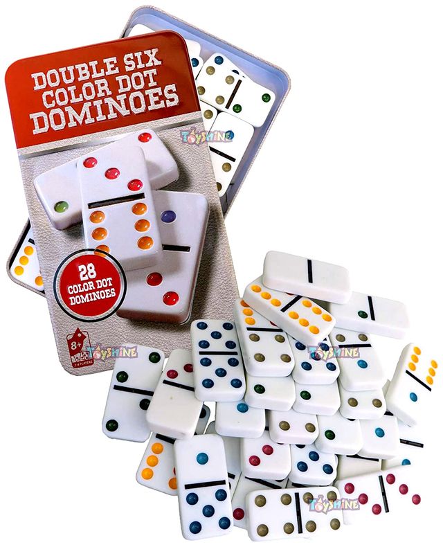 Toyshine Double 6 Color Dot Dominoes Game Set, Classic 28 Pieces In Tin Case, Match Game For Kid