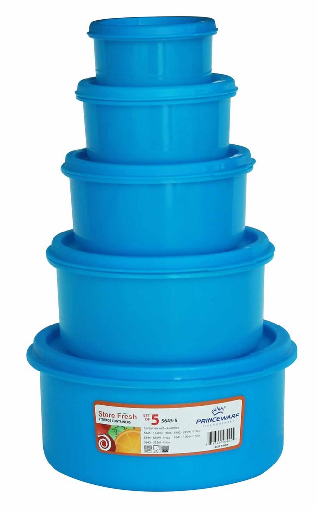 Princeware Store Fresh Round Container Set of 5 Pcs | 100 ml+225 ml+375 ml+650 ml+1.125 L Blue