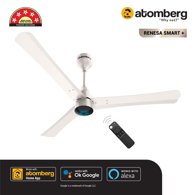 Atomberg Renesa Smart+ BLDC Ceiling Fan,1200mm,IoT & Remote Control,LED Indicators,Pearl White