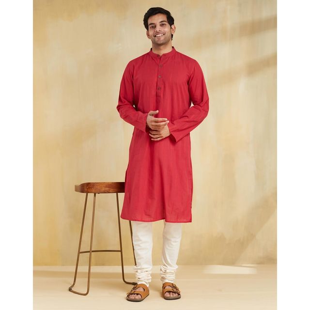 Fabindia Men's Long Kurta Slim Fit Dobby | Red - XL
