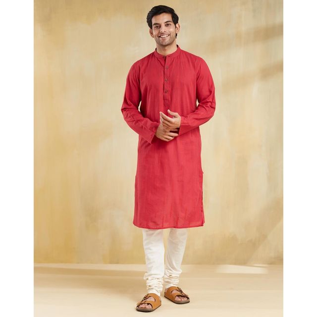 Fabindia Men's Long Kurta Slim Fit Dobby | Red - XL