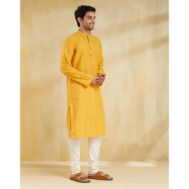 Fabindia Men's Long Kurta Cotton Dobby Slim Fit | Yellow - S