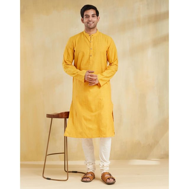 Fabindia Men's Long Kurta Cotton Dobby Slim Fit | Yellow - S