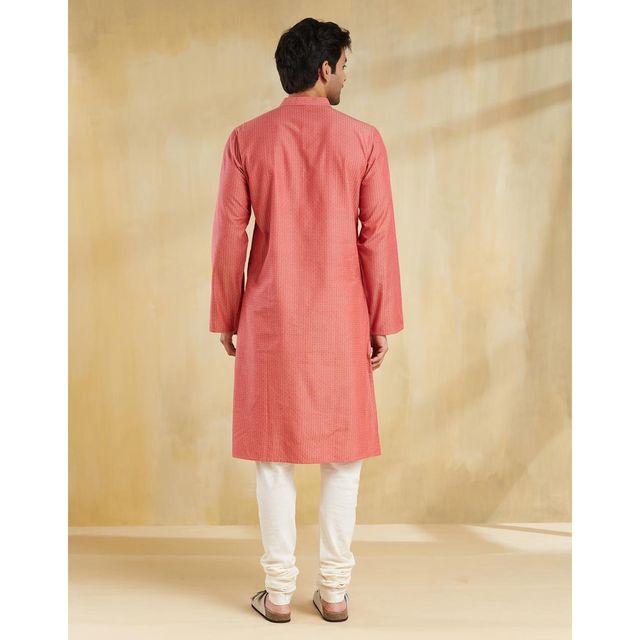 Fabindia Men's Long Kurta Cotton Dobby Slim Fit | Light Red - XL